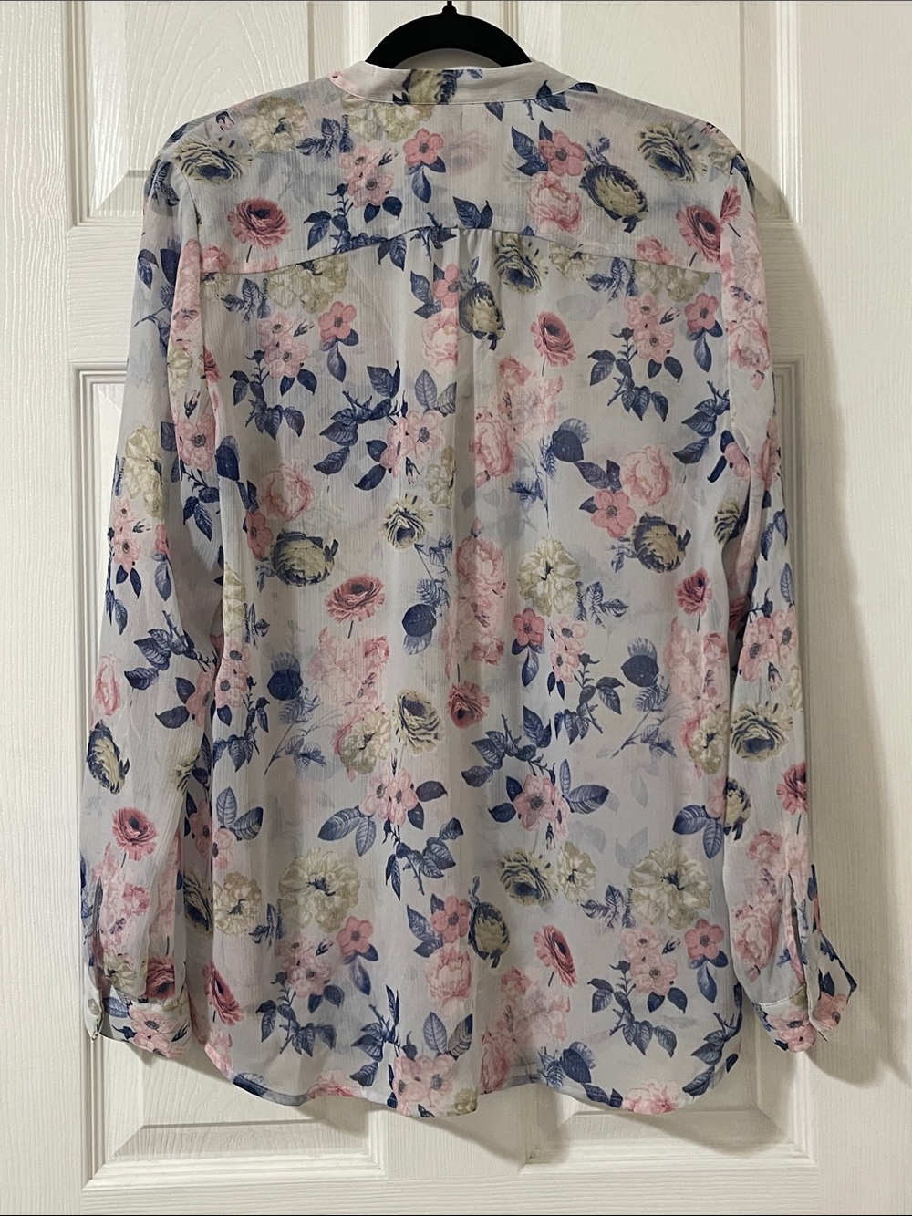 Sheer Floral Button-Up Blouse - White with Pink & Blue Floral Print - Picture 7 of 7